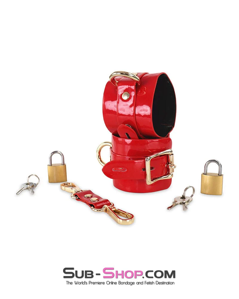 0756DL Locking Shiny Red Patent Vegan Leather Bondage Wrist Cuffs - Image 3