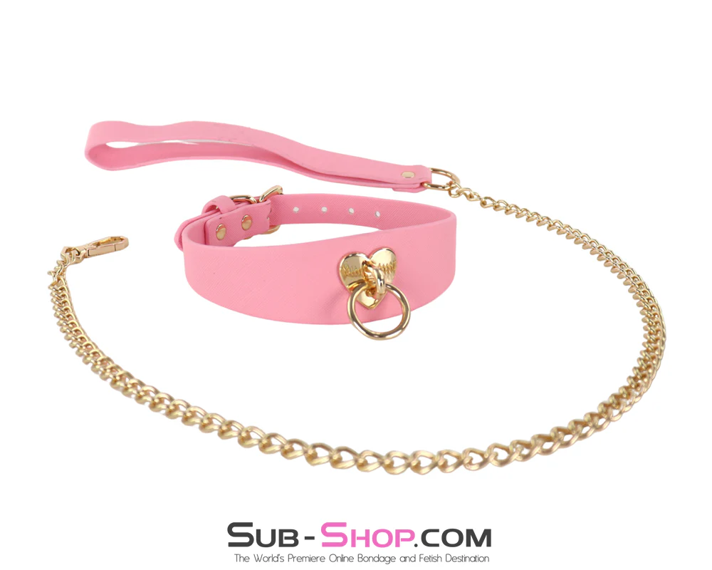 0912M Gold Heart Pink Collar & Leash Set - Gold Chain Sweetheart Collar - Image 3