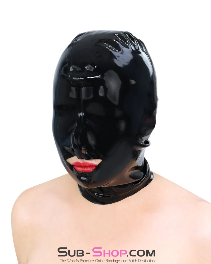 1338M Gloss Black Latex Open Mouth Bondage Hood with Covered Eyes and Nose, Full Sensory Control - Image 4