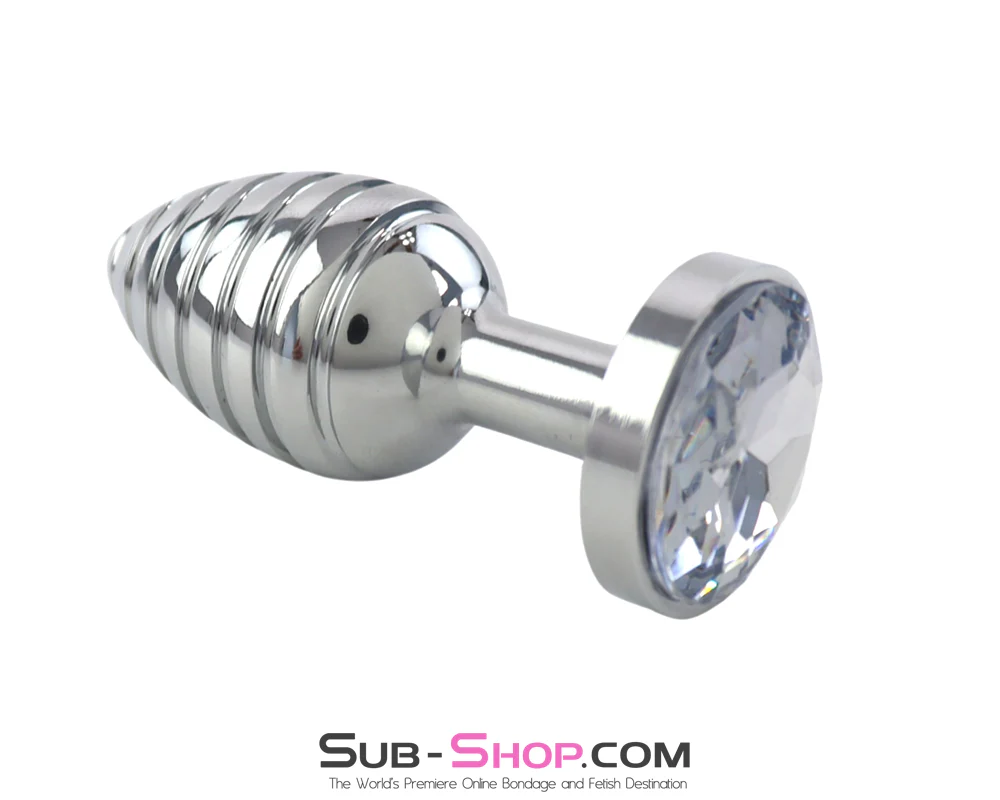 9981M  Ribbed Chrome Jewel Butt Plug - Crystal Base Metal Anal Toy - Image 5