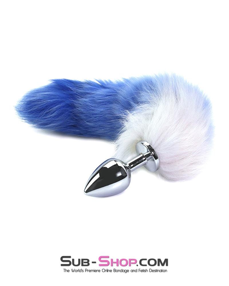 9761M      Blue & White Fox Tail Small Chromed Butt Plug 🔥 FINAL CLEARANCE – Last Chance! - Image 2