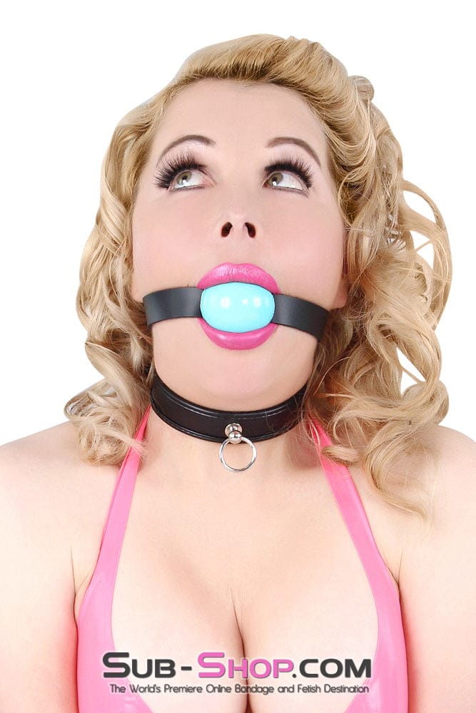 0596A      Classic Black Leather Ball Gag Strap, Diamond Blue Ball - Image 2