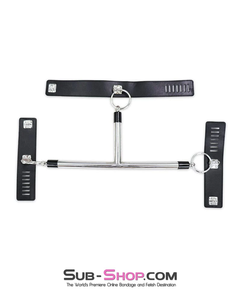 9083DL      Collar to Wrist Metal Bondage T-Bar with Locking Collar and Wrist Cuffs - Image 4