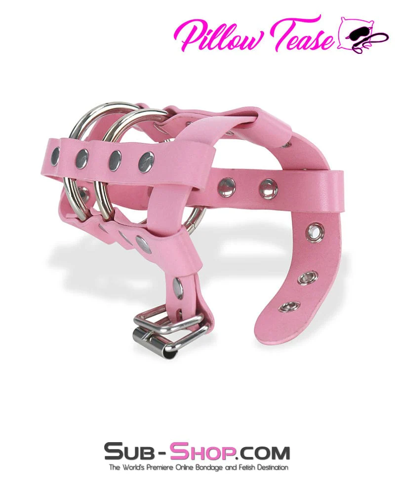 0319DL-SIS Light Pink Sissy Locking Leather Cock & Balls Cage with Lead Ring Tip - Image 4