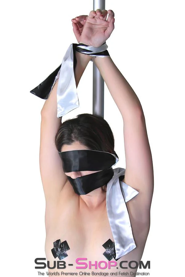 9835M Love Me Knots Silver & Black Satin Blindfold, Gag, or Tie Up - Image 6