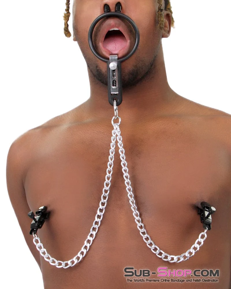 2702M Open Wide and Take It Mouth Spreader Gag with Nipple Clamps - Image 10