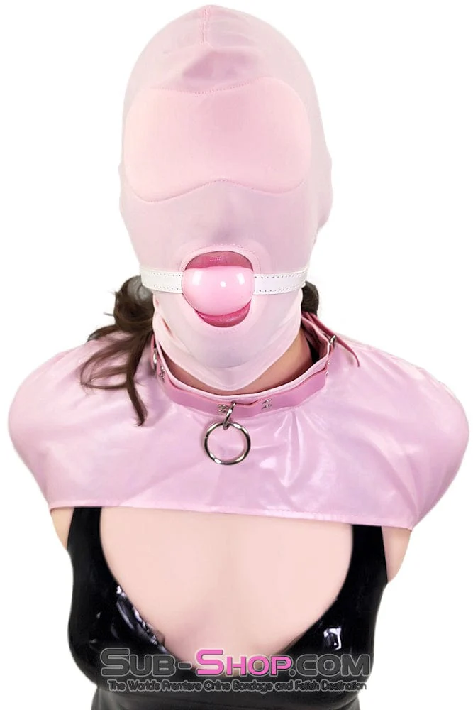1145DL-SIS Pink Sissy Spandex Open Mouth Hood with Sewn In Blindfold - Image 2