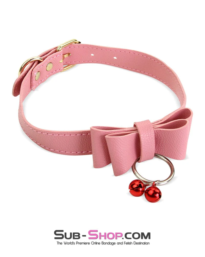 7337M Precious Pet Bow Bondage Slave Collar with Bell and Gold Chain Leash - Image 6