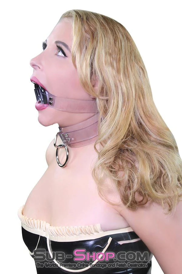 1495A-SIS Pretty Forced Feminization Sissy Wench Clearly Wide Open Luxe Clear PVC Wide Strap Plastic Ring Gag - Image 8