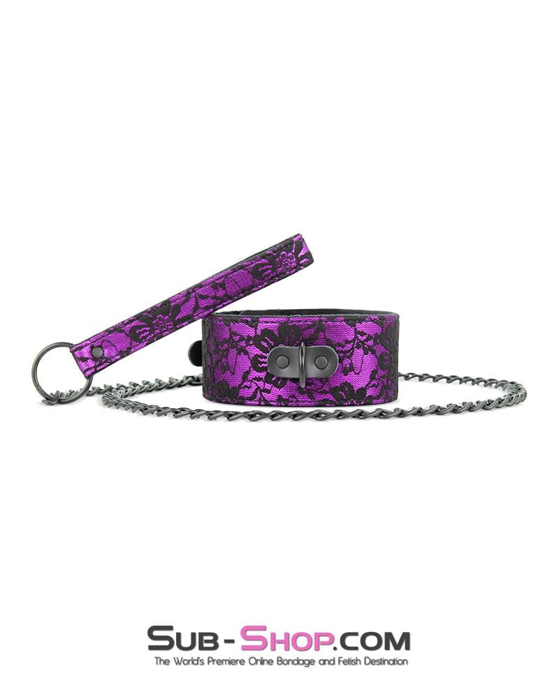 3431M-SIS Pretty Sissy Boi Royal Leadership Dungeon Mistress Fur Lined Purple Lace Collar and Leash Set