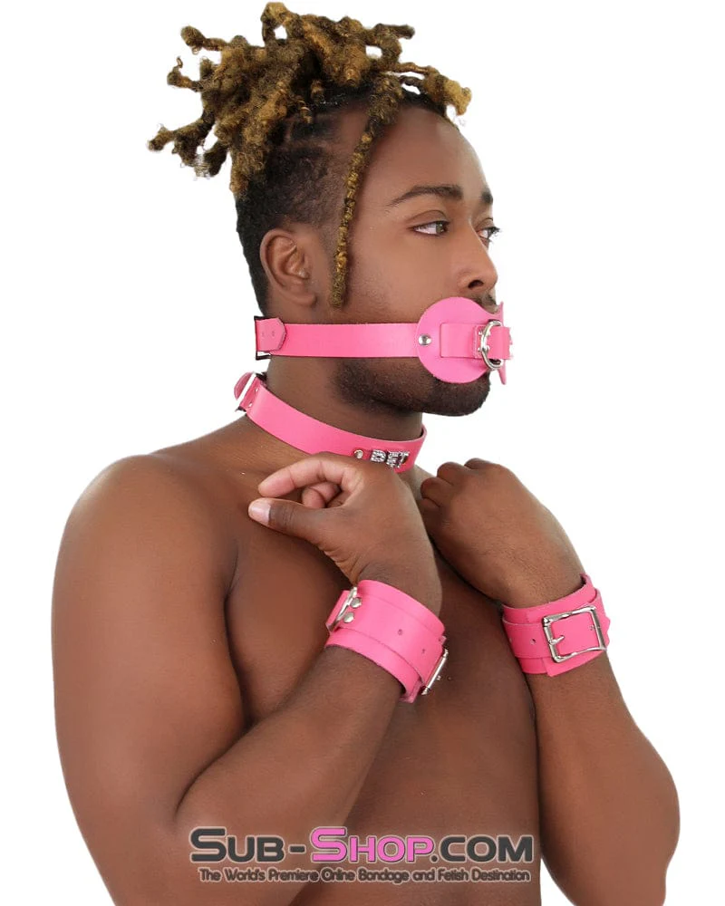 0978A-SIS Pretty Sissy Slave Quiet Hot Pink BDSM Training Leather Double Mouth Guard Gag - Image 5