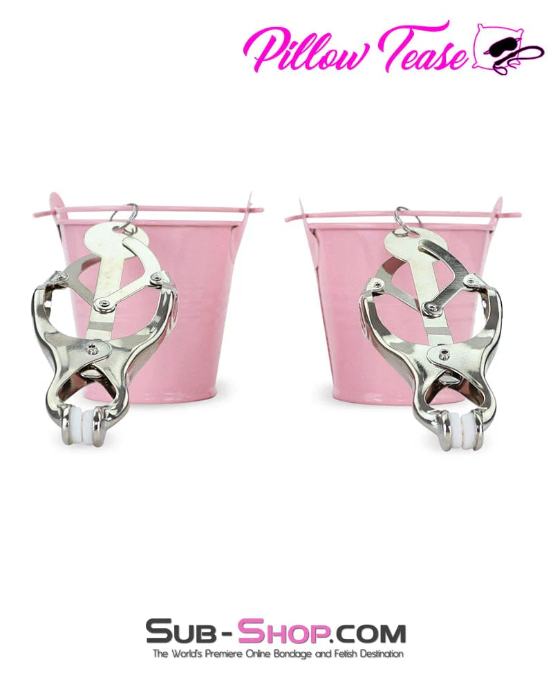 1780M-SIS Prissy Sissy Boi Funishment Clover Clamps with Pink Dominant Female Weight Buckets - Image 2