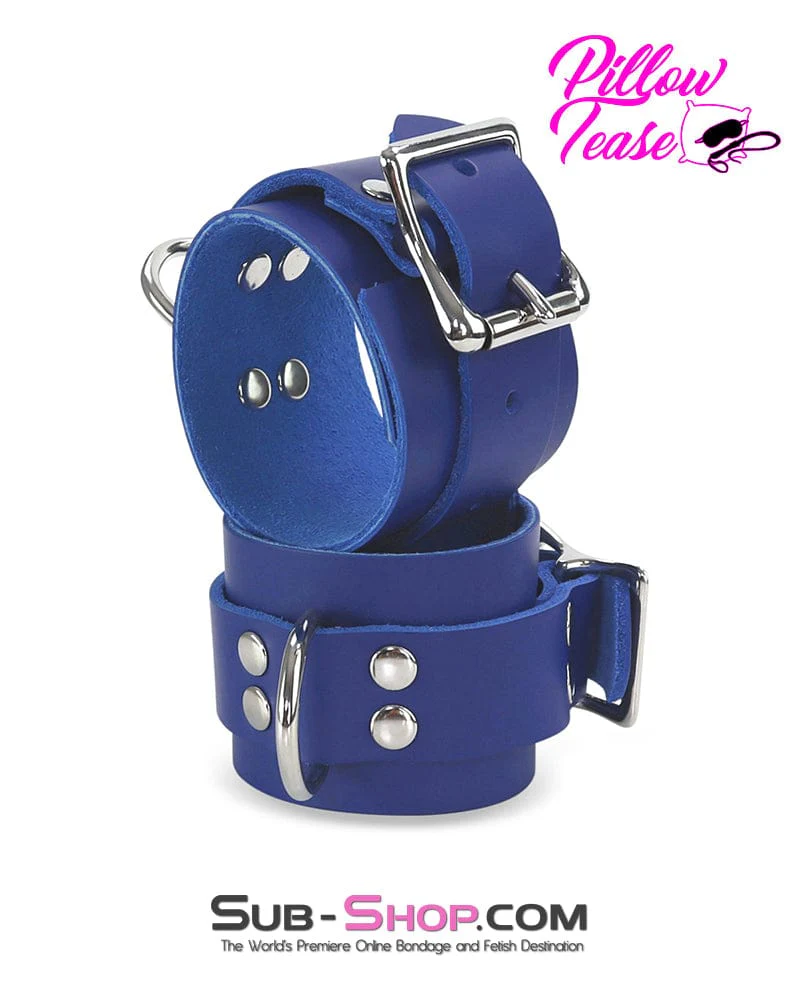 1477A      Royal Blue Leather Bondage Wrist Cuffs - Image 2