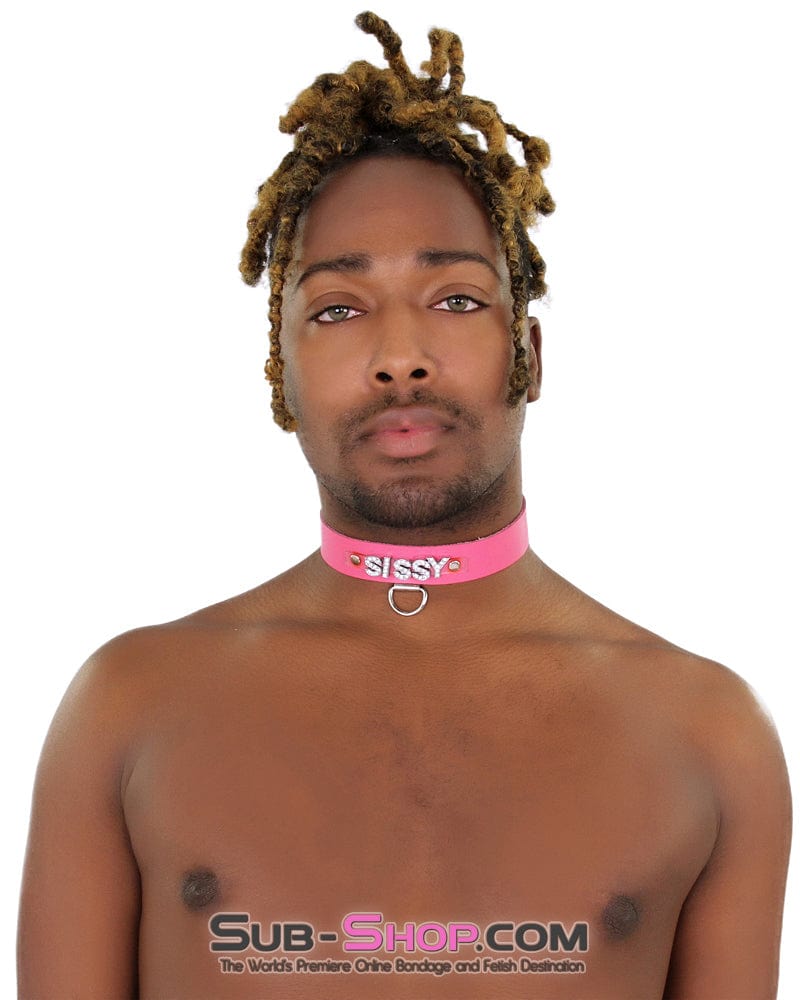7176A-SIS      SISSY Man Boi Hussy Hot Pink Feminization Leather Rhinestone Letter Collar - Image 4