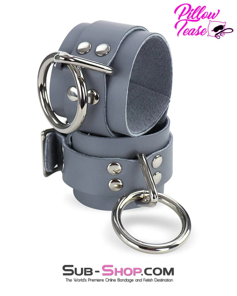 0697A Steel Grey Leather Bondage Wrist Cuffs - Image 2